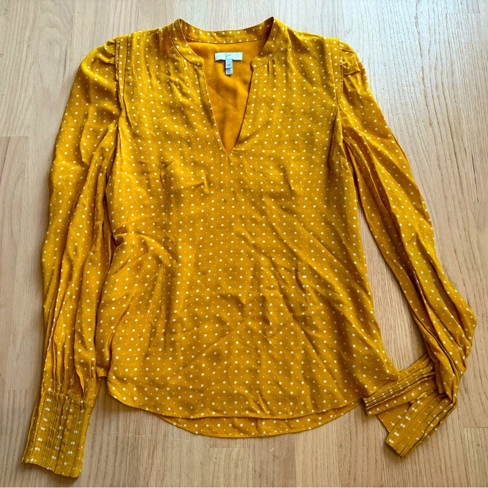 JOIE Yellow Star Dot Print Korina V-Neck Long Sleeve Pleated Zip Cuff Blouse XXS